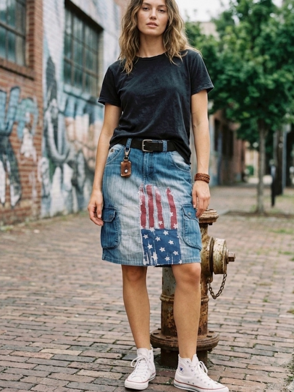 Casual Denim Midi Skirt with Flag Patch - Blue 32 4the of July 🎆